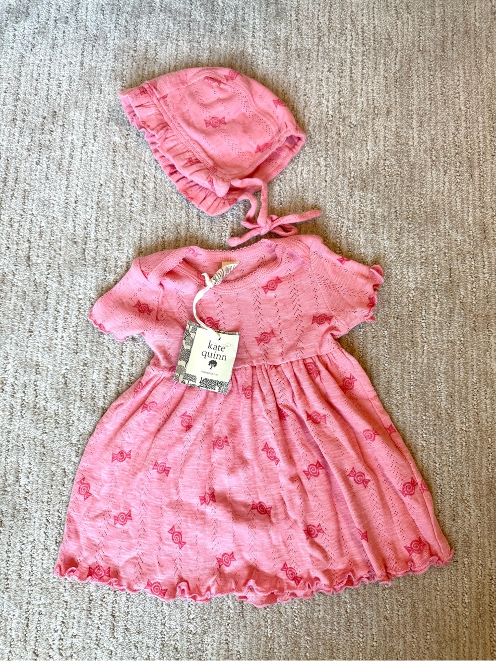 kate quinn Pink Knit Dress with Matching Bonnet